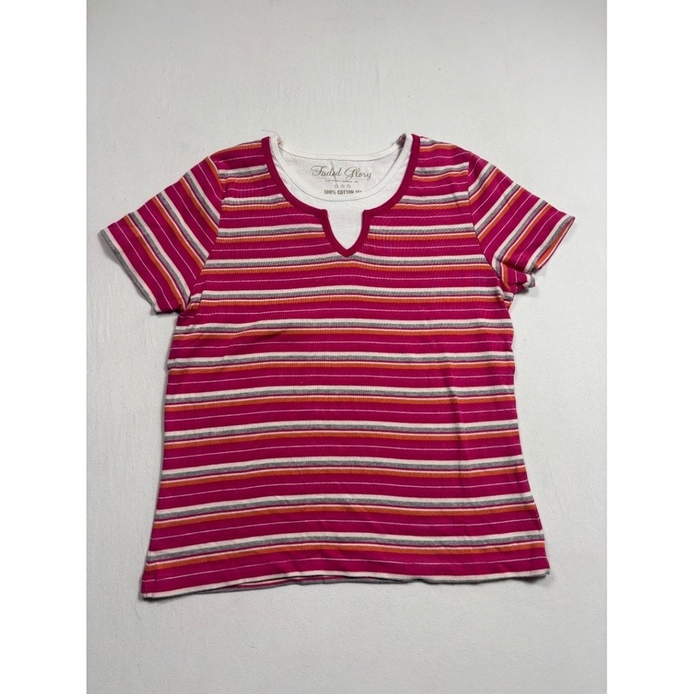 Faded Glory Womens Striped T Shirt Short Sleeve Cotton Medium Pink FGL348071S
